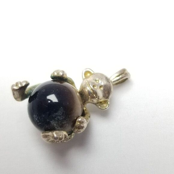 Vintage Little Monkey Holding Brown Catseye Glass Ball Pendant Charm Silver Tone - Picture 3 of 7